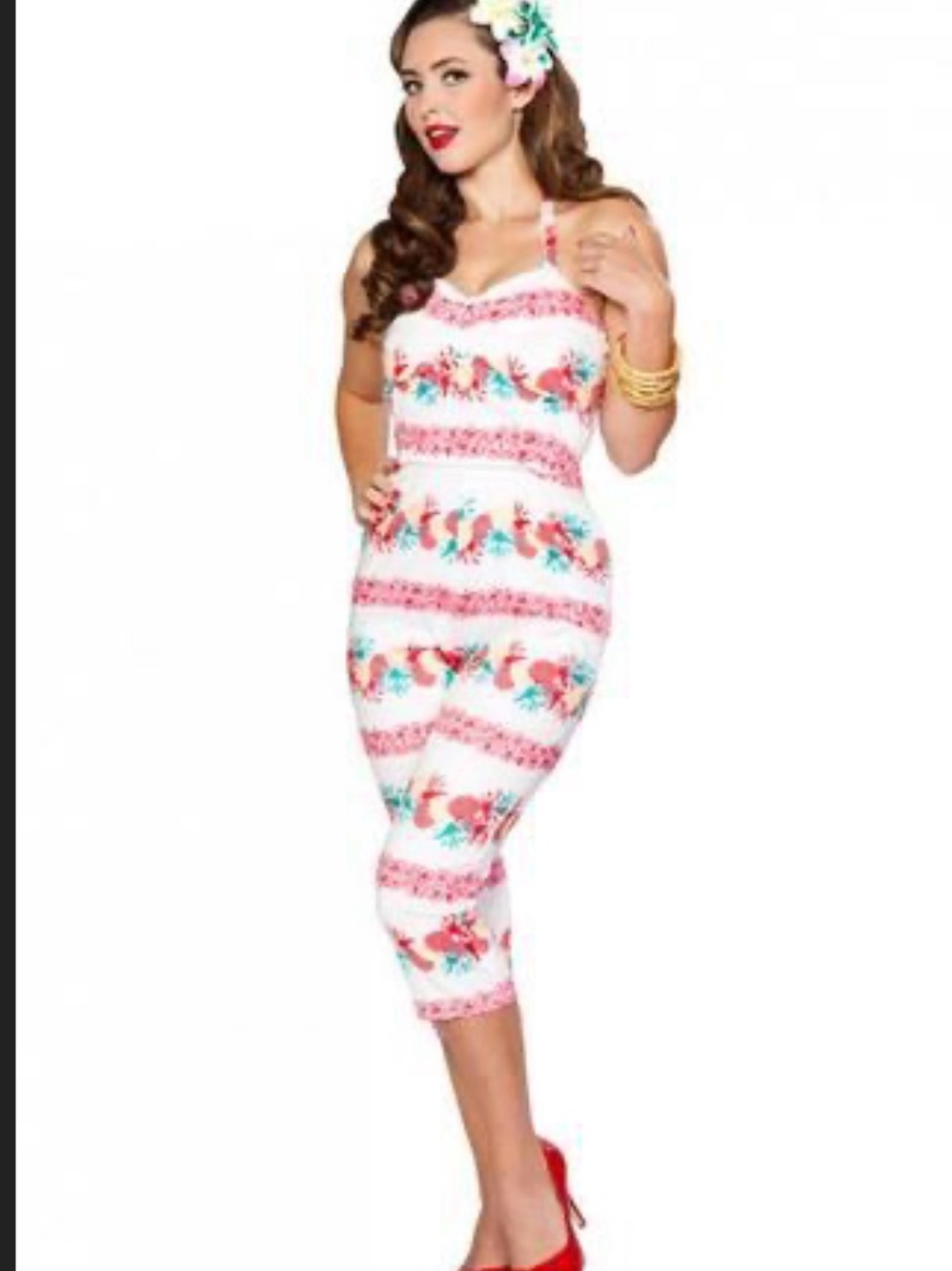 Bettie Page Jumpsuit Halter Pineapple Print One-Piece Romper cropped leg